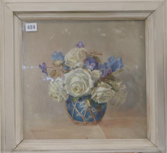 Norah Helen Cullen (1886-1969), oil on canvas, still life of white roses and pansies in a ginger jar, signed